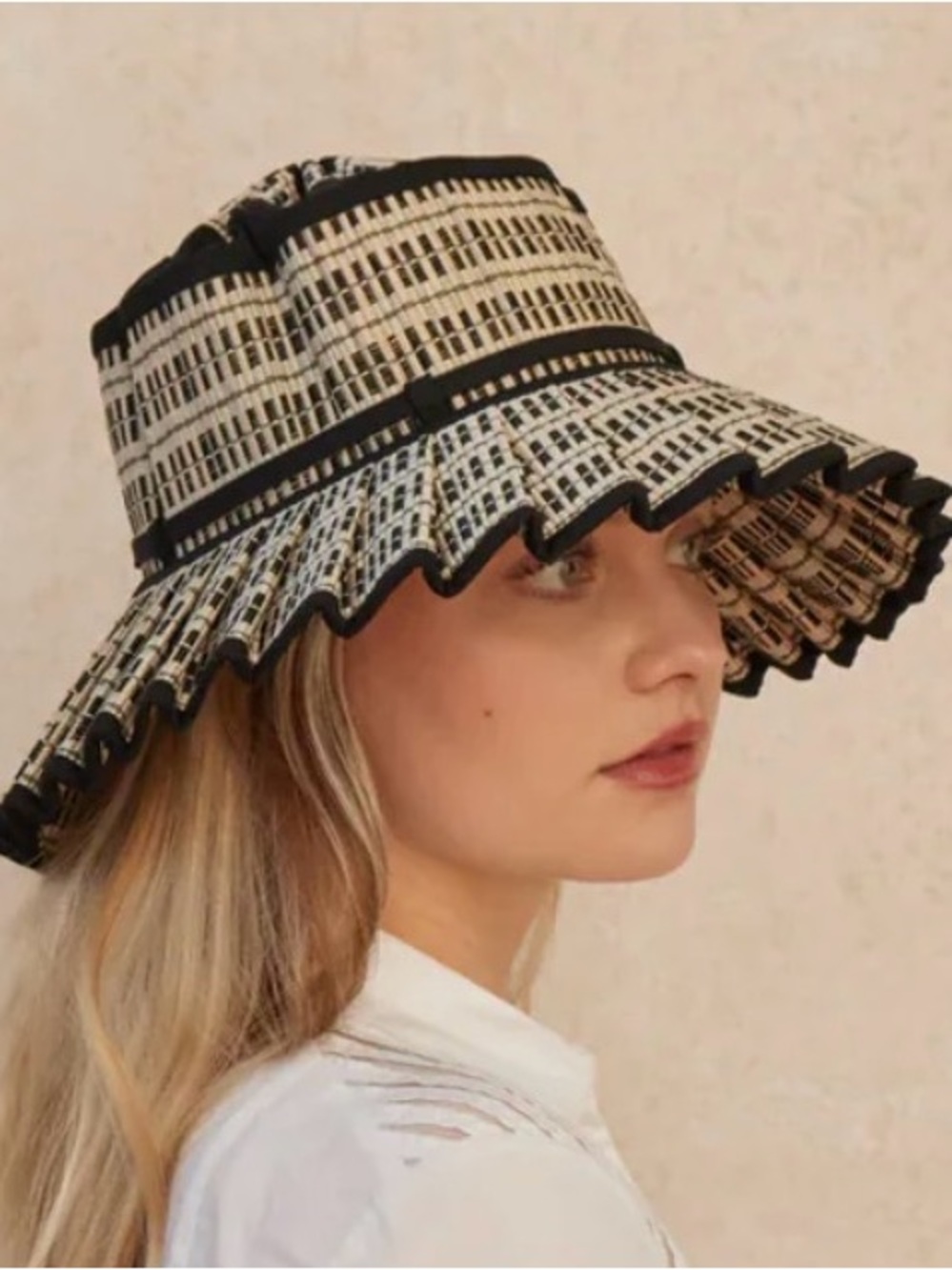 Woven Black and Cream Wide-Brim Bucket Hat